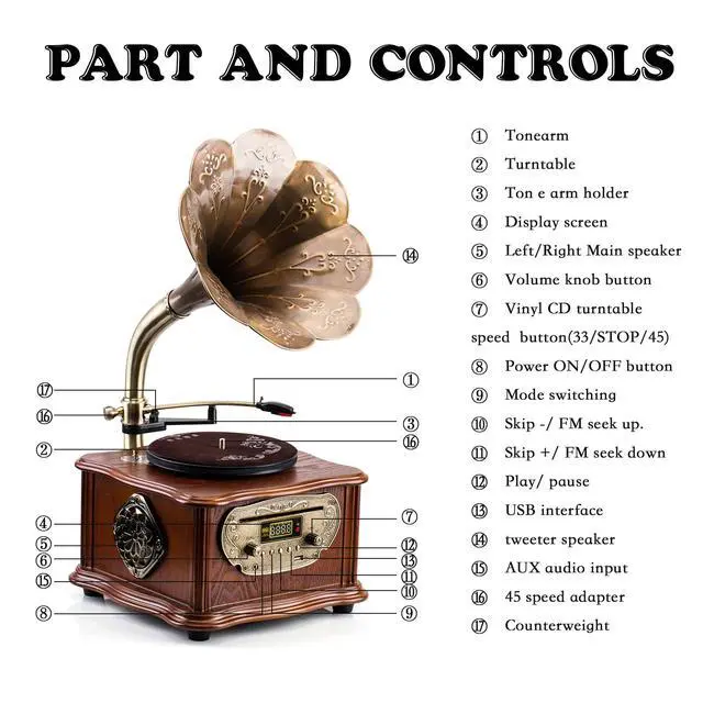 Alt view image 3 of 7 - Wooden Phonograph Gramophone Turntable CD Player Stereo System Control 33/45 RPM FM AUX USB Ouput Bluetooth 4.2