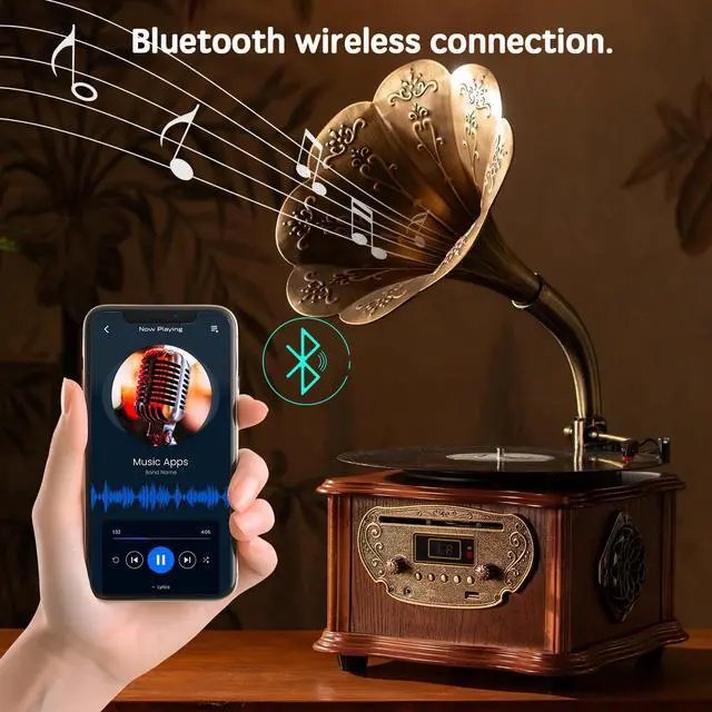 Alt view image 4 of 7 - Wooden Phonograph Gramophone Turntable CD Player Stereo System Control 33/45 RPM FM AUX USB Ouput Bluetooth 4.2