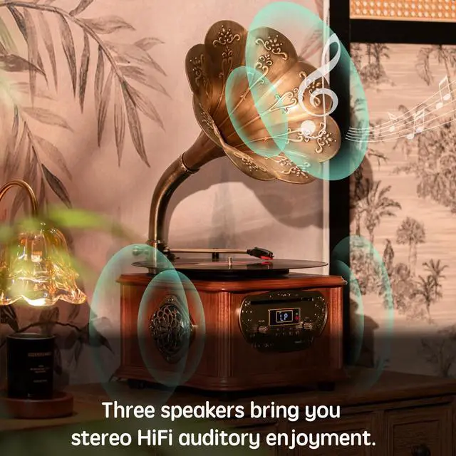 Alt view image 5 of 7 - Wooden Phonograph Gramophone Turntable CD Player Stereo System Control 33/45 RPM FM AUX USB Ouput Bluetooth 4.2