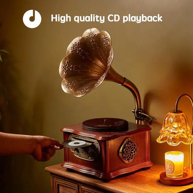 Alt view image 6 of 7 - Wooden Phonograph Gramophone Turntable CD Player Stereo System Control 33/45 RPM FM AUX USB Ouput Bluetooth 4.2