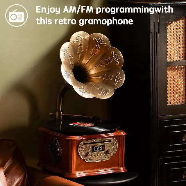Alt view image 7 of 7 - Wooden Phonograph Gramophone Turntable CD Player Stereo System Control 33/45 RPM FM AUX USB Ouput Bluetooth 4.2
