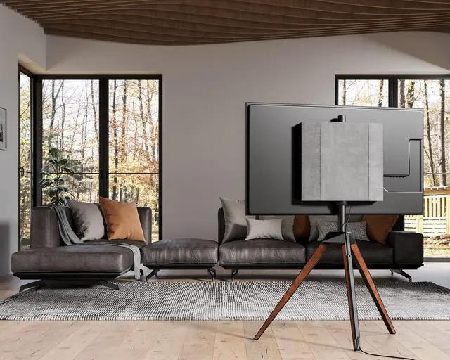 Alt view image 3 of 7 - Corner TV Stand for 32-65 Inch TV with Height Adjustable, Walnut | Tripod Easel TV Stand, Modern Floor Mount with Swivel, for Bedroom Living Room, Made of beech wood, Picasso Series