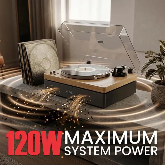 Alt view image 2 of 7 - Vinyl Record Player, 120W All-in-one Turntable with 2.1 Channel Built-in Speaker, Bluetooth 5.4, Built-in Subwoofer, High Fidelity 2-Speed Belt Drive, Patented Isolation System, Natural