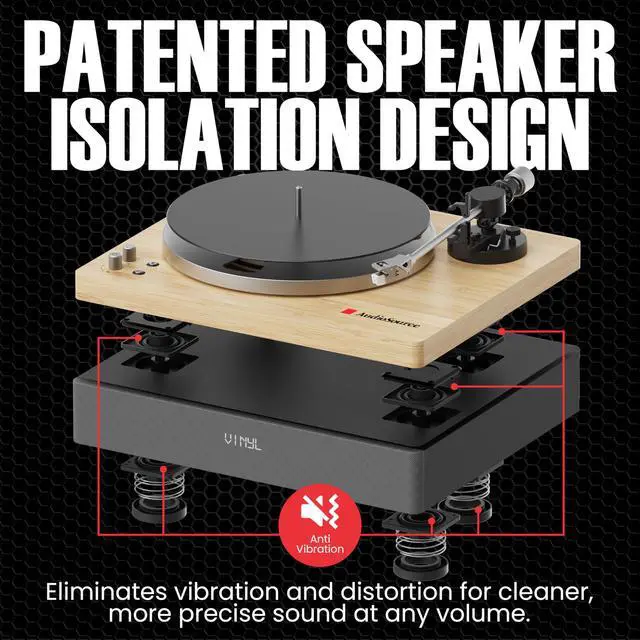 Alt view image 3 of 7 - Vinyl Record Player, 120W All-in-one Turntable with 2.1 Channel Built-in Speaker, Bluetooth 5.4, Built-in Subwoofer, High Fidelity 2-Speed Belt Drive, Patented Isolation System, Natural