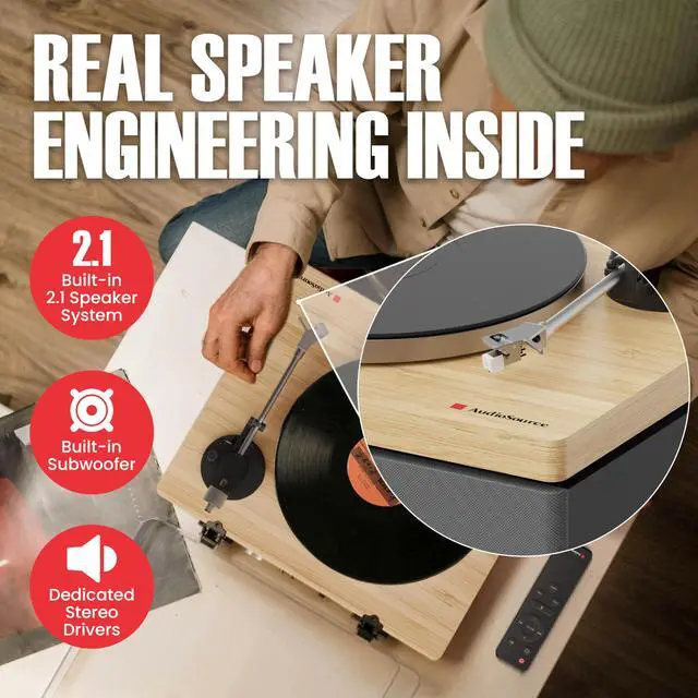 Alt view image 5 of 7 - Vinyl Record Player, 120W All-in-one Turntable with 2.1 Channel Built-in Speaker, Bluetooth 5.4, Built-in Subwoofer, High Fidelity 2-Speed Belt Drive, Patented Isolation System, Natural