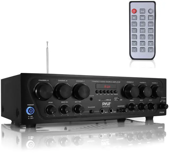 Main image of Wireless Bluetooth Karaoke Amplifier - 6 Channel 750W Power, Stereo Receiver Home Audio Amplifier w/USB,AUX, Subwoofer Out, Headphone, 2 Mic Input w/Echo, Talk-Over For PA
