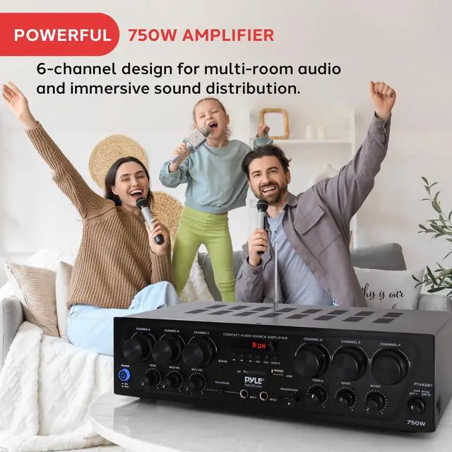 Alt view image 2 of 7 - Wireless Bluetooth Karaoke Amplifier - 6 Channel 750W Power, Stereo Receiver Home Audio Amplifier w/USB,AUX, Subwoofer Out, Headphone, 2 Mic Input w/Echo, Talk-Over For PA