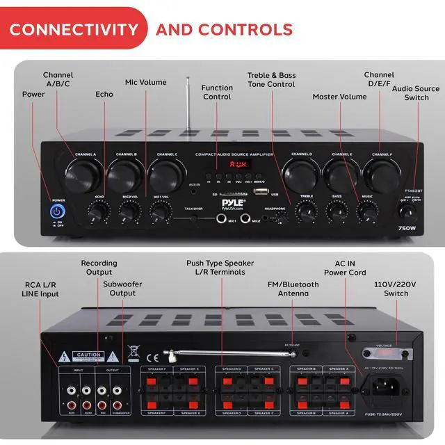 Alt view image 3 of 7 - Wireless Bluetooth Karaoke Amplifier - 6 Channel 750W Power, Stereo Receiver Home Audio Amplifier w/USB,AUX, Subwoofer Out, Headphone, 2 Mic Input w/Echo, Talk-Over For PA