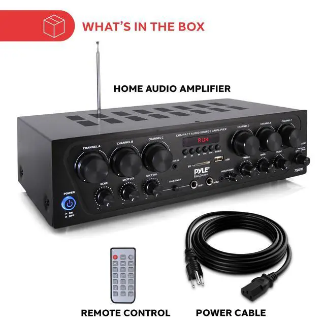 Alt view image 6 of 7 - Wireless Bluetooth Karaoke Amplifier - 6 Channel 750W Power, Stereo Receiver Home Audio Amplifier w/USB,AUX, Subwoofer Out, Headphone, 2 Mic Input w/Echo, Talk-Over For PA
