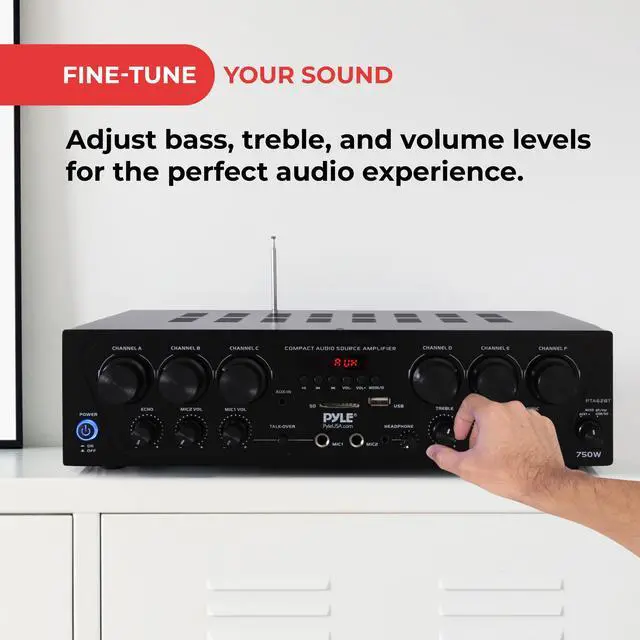 Alt view image 5 of 7 - Wireless Bluetooth Karaoke Amplifier - 6 Channel 750W Power, Stereo Receiver Home Audio Amplifier w/USB,AUX, Subwoofer Out, Headphone, 2 Mic Input w/Echo, Talk-Over For PA
