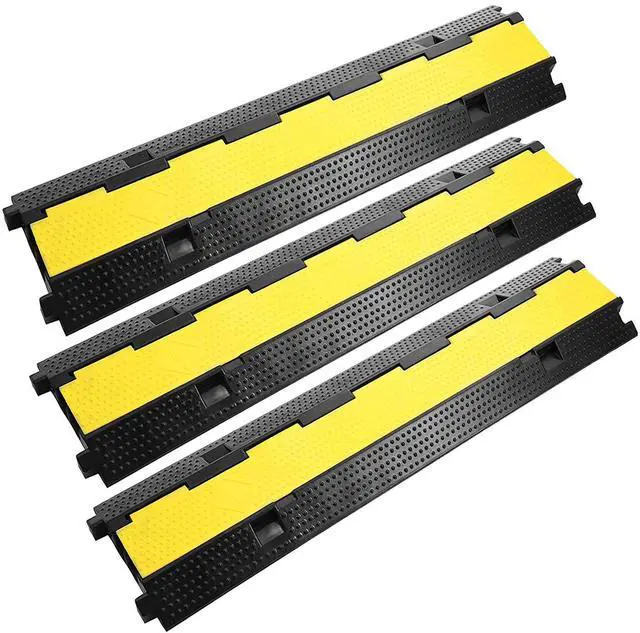 Main image of 3 Pack Dual Channel Rubber Cable Protector Ramp 2 Channel Traffic Speed Bump 11000lbs Capacity Heavy Duty Driveway Hose Cover Ramp Cord Track Protector Wires Concealer w/Flip-Open Top Cover