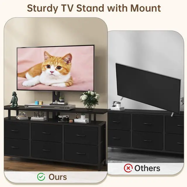 Alt view image 4 of 7 - Black TV Stand with Mount for 32/45/55/60/65/75 inch TVs, Entertainment Center with 6 Fabric Drawers & Open Shelf, TV Media Console for Living Room, Bedroom