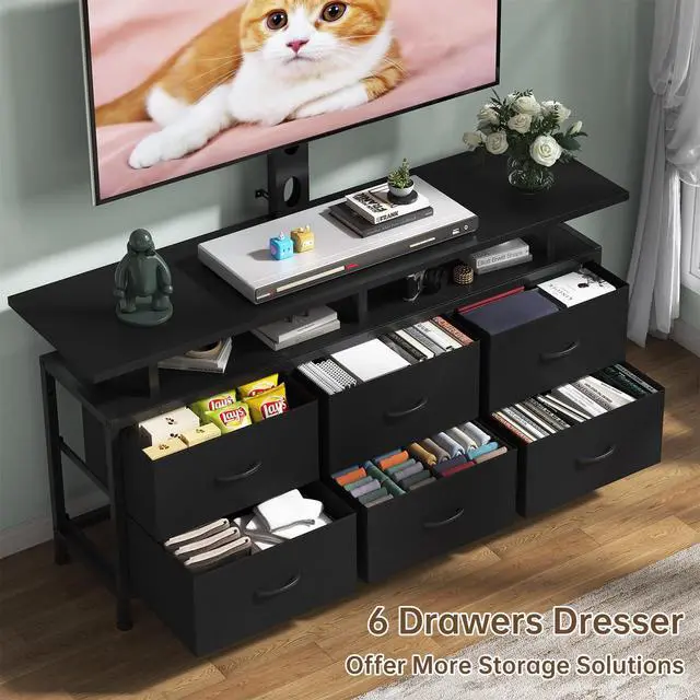 Alt view image 5 of 7 - Black TV Stand with Mount for 32/45/55/60/65/75 inch TVs, Entertainment Center with 6 Fabric Drawers & Open Shelf, TV Media Console for Living Room, Bedroom