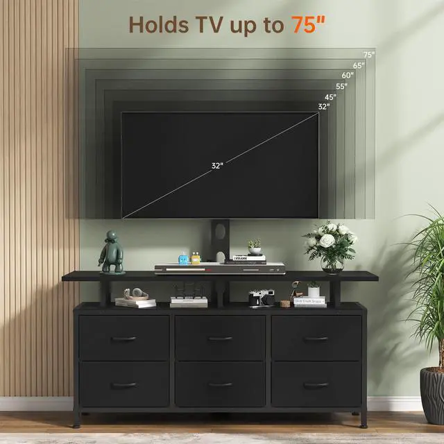 Alt view image 3 of 7 - Black TV Stand with Mount for 32/45/55/60/65/75 inch TVs, Entertainment Center with 6 Fabric Drawers & Open Shelf, TV Media Console for Living Room, Bedroom