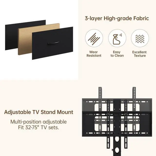 Alt view image 6 of 7 - Black TV Stand with Mount for 32/45/55/60/65/75 inch TVs, Entertainment Center with 6 Fabric Drawers & Open Shelf, TV Media Console for Living Room, Bedroom