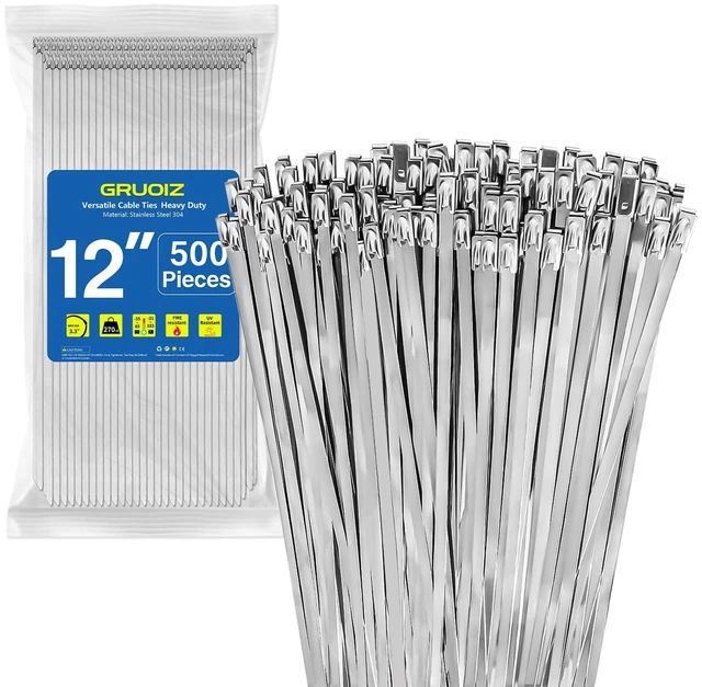 Main image of 500Pack Stainless Steel Cable Zip Ties 12 inch 304 Metal Cable Ties with 270lbs Tensile Strength Heavy Duty Zip Ties for Farms Pipes Roofs Workshop Outdoor Fence Use