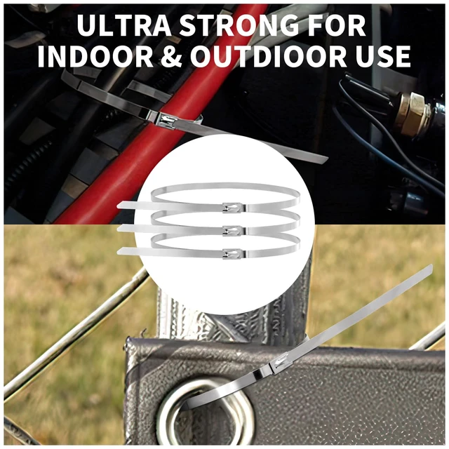 Alt view image 3 of 7 - 32 inch Stainless Steel Cable Zip Ties 100 Pack 304 Metal Cable Ties with 270lbs Tensile Strength Heavy Duty Zip Ties for Farms Pipes Roofs Workshop Outdoor Fence Use