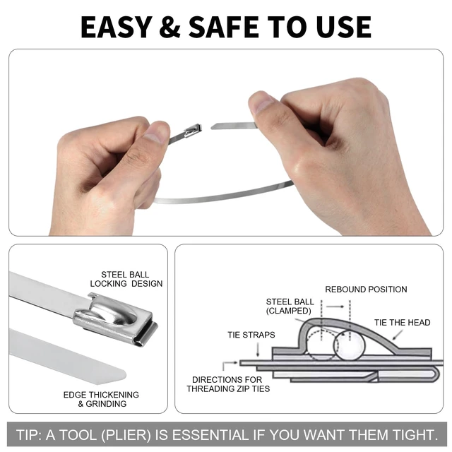 Alt view image 6 of 7 - 32 inch Stainless Steel Cable Zip Ties 100 Pack 304 Metal Cable Ties with 270lbs Tensile Strength Heavy Duty Zip Ties for Farms Pipes Roofs Workshop Outdoor Fence Use