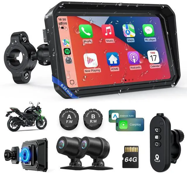 Main image of Motorcycle CarPlay Screen with Android Auto 6.25 Waterproof GPS Pantalla para Moto Apple CarPlay Navigation System for Motorcycle, Dual 2K Dash Cam Bluetooth Audio & TPMS with Magnetic Mount