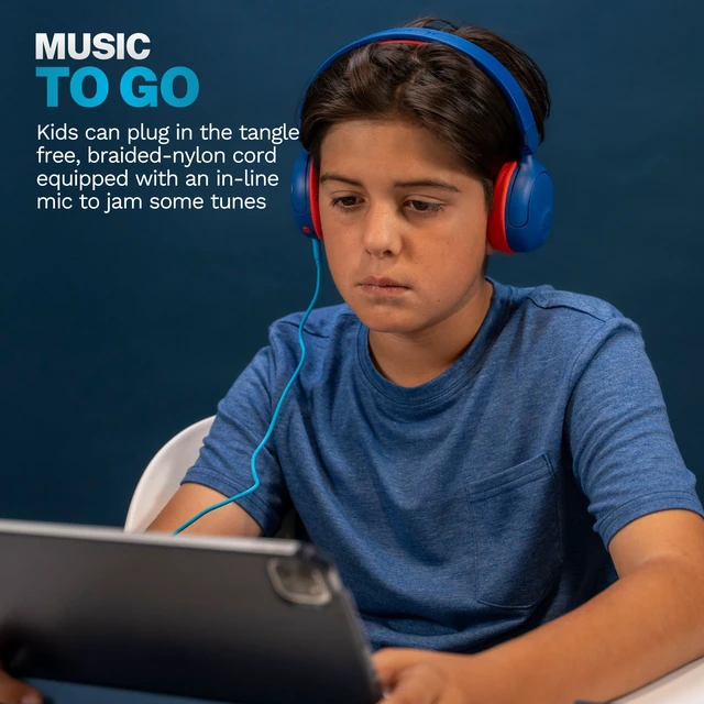 Alt view image 6 of 7 - JBuddies ANC 2 in 1, Kids Headphones, Active Noise Cancelling, Wireless + Wired, Blue/Red