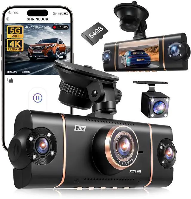 Main image of 4 Channel Dash Cam 360° View Front Rear Inside & Left Right,4K+1080P*3 FHD Car Camera,5G WiFi & APP Control,8 IR Lamps Night Vision, G-Sensor, 24H Parking Mode, with a Free 64GB SD Card