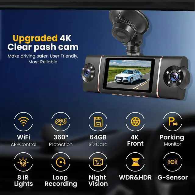 Alt view image 7 of 7 - 4 Channel Dash Cam 360° View Front Rear Inside & Left Right,4K+1080P*3 FHD Car Camera,5G WiFi & APP Control,8 IR Lamps Night Vision, G-Sensor, 24H Parking Mode, with a Free 64GB SD Card