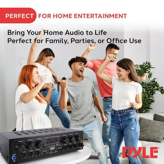 Alt view image 7 of 7 - Wireless Bluetooth Karaoke Amplifier - 6 Channel 750W Power, Stereo Receiver Home Audio Amplifier w/USB,AUX, Subwoofer Out, Headphone, 2 Mic Input w/Echo, Talk-Over For PA