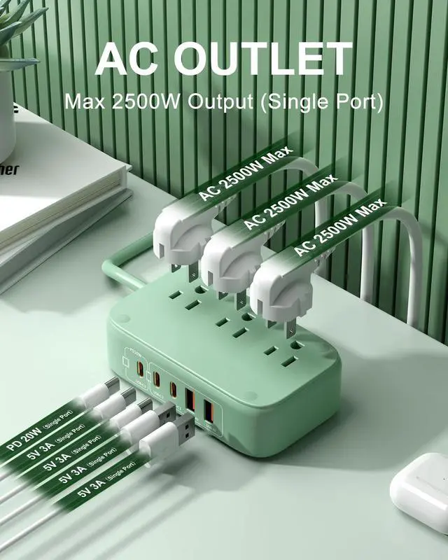 Alt view image 2 of 7 - 5FT USB Charging Station with Outlets, Flat USB C Travel Power Strip PD 20W Charger with 2500W AC Outlets, 3 USB-C Ports, 2 USB-A Ports Extension Cord for Home/Office/Travel