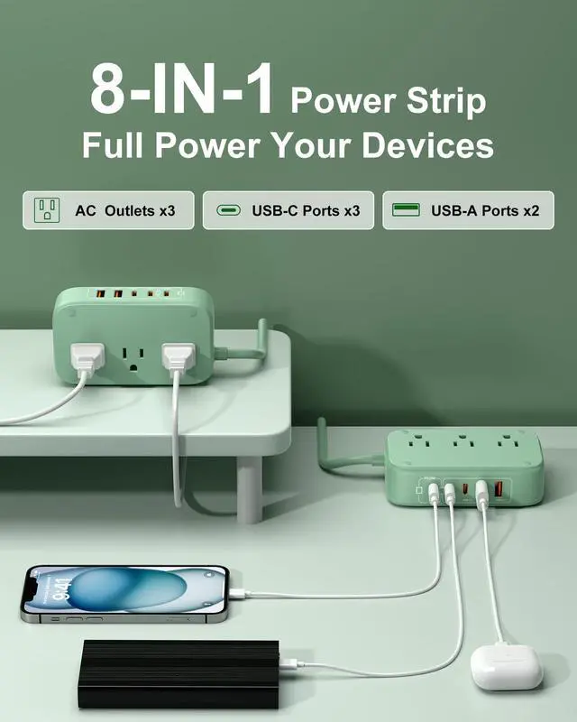 Alt view image 3 of 7 - 5FT USB Charging Station with Outlets, Flat USB C Travel Power Strip PD 20W Charger with 2500W AC Outlets, 3 USB-C Ports, 2 USB-A Ports Extension Cord for Home/Office/Travel