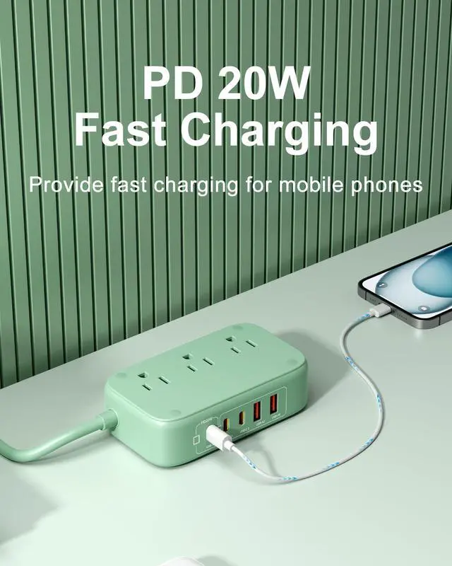 Alt view image 4 of 7 - 5FT USB Charging Station with Outlets, Flat USB C Travel Power Strip PD 20W Charger with 2500W AC Outlets, 3 USB-C Ports, 2 USB-A Ports Extension Cord for Home/Office/Travel