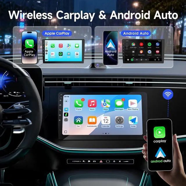 Alt view image 2 of 7 - 9" Wireless Double Din Car Stereo with Bluetooth, Wireless CarPlay Radio and Android Auto, Backup Camera, GPS Navigation, Free APK Download and Deletion, FM, Voice Control, Mirror Link
