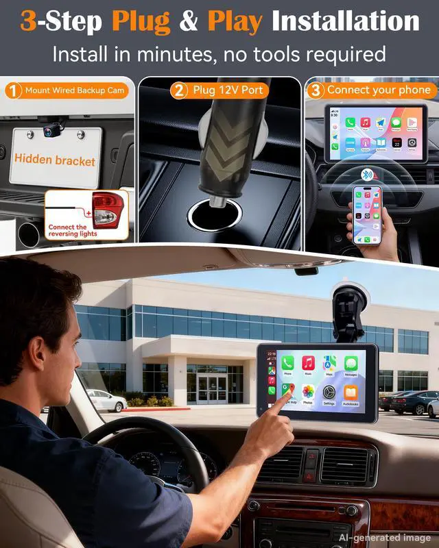 Alt view image 4 of 7 - Portable Carplay Screen with Backup Camera - Bluetooth Fast Connects in 1s | HD 1080P Touchscreen Supports Both Apple CarPlay & Android Auto - No Dashboard Removal, GPS Navigation, Voice Control