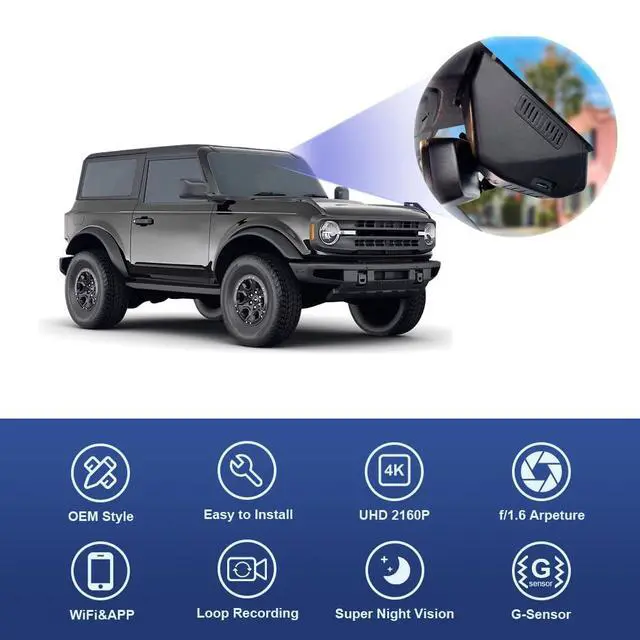 Alt view image 3 of 7 - 4K Dash Cam Suitable for Ford Bronco 2021-2024 & Rapor (Not for Bronco Sport) HD2-14873, OEM Look, UHD 2160P Video, Built-in WiFi & APP, Loop Recording, G-Sensor, Plug & Play, 64GB Card