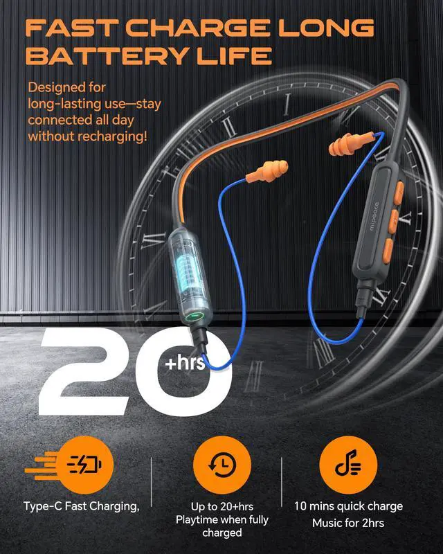 Alt view image 7 of 7 - Neckband Bluetooth Work Headphones, 29dB Work Earbuds Bluetooth OSHA Approved-Ear Protection Headphones Noise Reduction for Construction Safety Industry, 20+Hour Battery, 4 EQ Modes