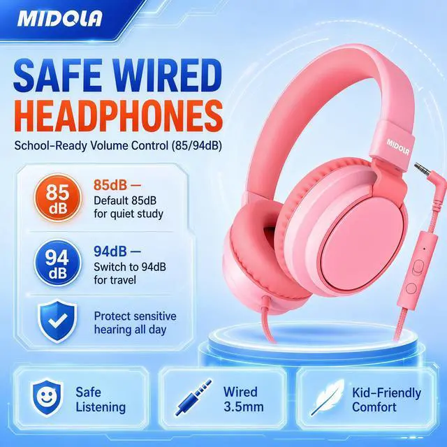Alt view image 2 of 7 - Wired Kids Headphones for School with Cord Mic,Safe Volume Limit 85/94dB | Adjustable Headband Foldable Over-Ear Lightweight for Toddler Girls Boys Travel/Tablet/iPad,HD Stereo Sound,3.5mm,Pink