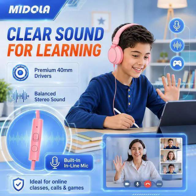 Alt view image 5 of 7 - Wired Kids Headphones for School with Cord Mic,Safe Volume Limit 85/94dB | Adjustable Headband Foldable Over-Ear Lightweight for Toddler Girls Boys Travel/Tablet/iPad,HD Stereo Sound,3.5mm,Pink