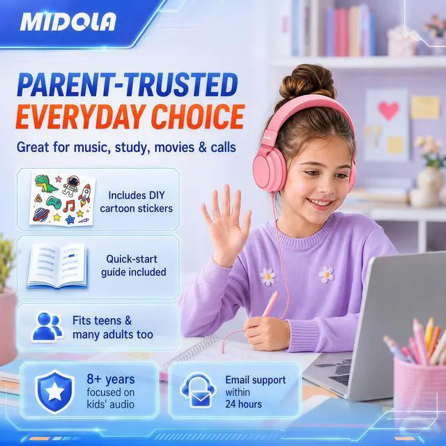 Alt view image 3 of 7 - Wired Kids Headphones for School with Cord Mic,Safe Volume Limit 85/94dB | Adjustable Headband Foldable Over-Ear Lightweight for Toddler Girls Boys Travel/Tablet/iPad,HD Stereo Sound,3.5mm,Pink