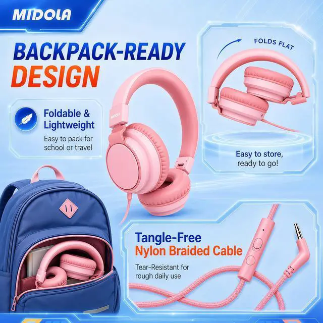 Alt view image 4 of 7 - Wired Kids Headphones for School with Cord Mic,Safe Volume Limit 85/94dB | Adjustable Headband Foldable Over-Ear Lightweight for Toddler Girls Boys Travel/Tablet/iPad,HD Stereo Sound,3.5mm,Pink