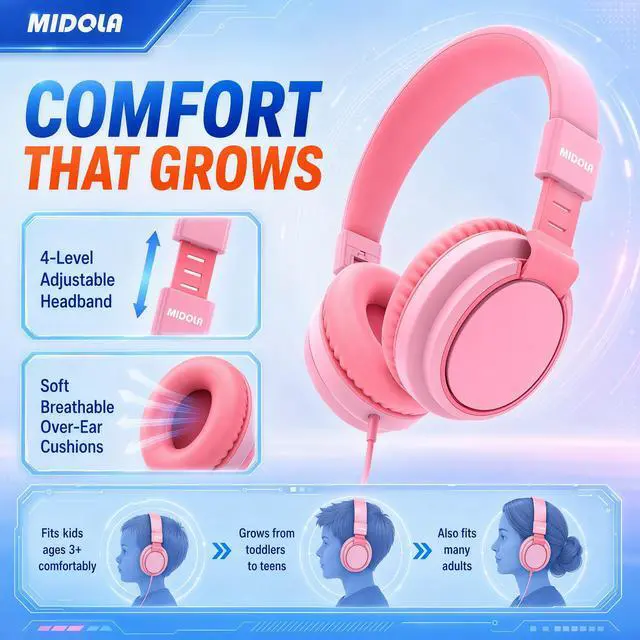 Alt view image 7 of 7 - Wired Kids Headphones for School with Cord Mic,Safe Volume Limit 85/94dB | Adjustable Headband Foldable Over-Ear Lightweight for Toddler Girls Boys Travel/Tablet/iPad,HD Stereo Sound,3.5mm,Pink