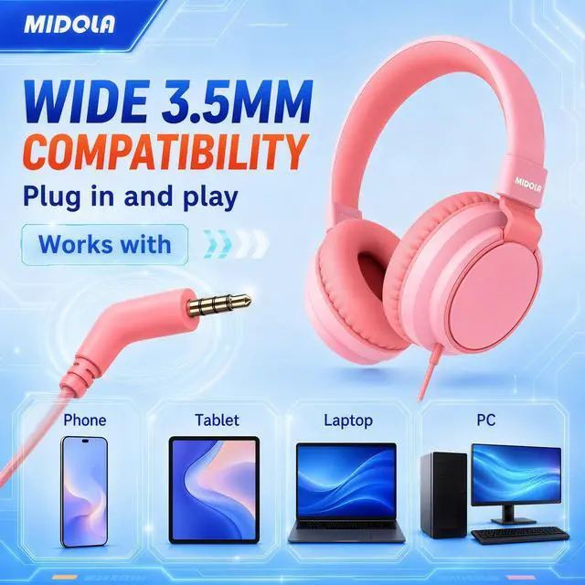Alt view image 6 of 7 - Wired Kids Headphones for School with Cord Mic,Safe Volume Limit 85/94dB | Adjustable Headband Foldable Over-Ear Lightweight for Toddler Girls Boys Travel/Tablet/iPad,HD Stereo Sound,3.5mm,Pink