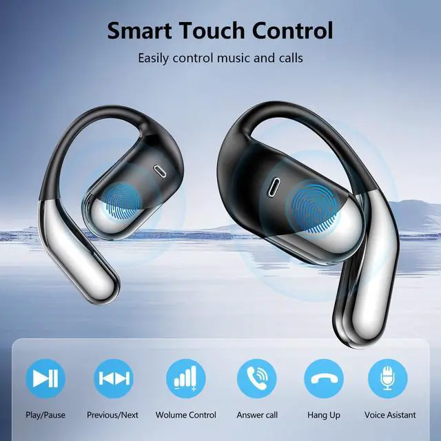Alt view image 4 of 6 - Open Ear Bone Conduction Headphones,Over Ear Earbuds with Ergonomic Earhook,Bluetooth Headphones 5.4 with Smart Digital Display,60H Playtime,IPX7 Waterproof,Touch Control Operate Running Fit Cycling