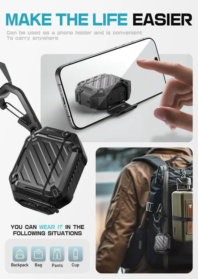 Alt view image 6 of 7 - for AirPods 4 Case with Lock & Carabiner, IP68 Waterproof, Compatible with MagSafe, Military-Grade Protection Anti-Scratch Hard Shell Cover for AirPods 4th Generation 2024, Black