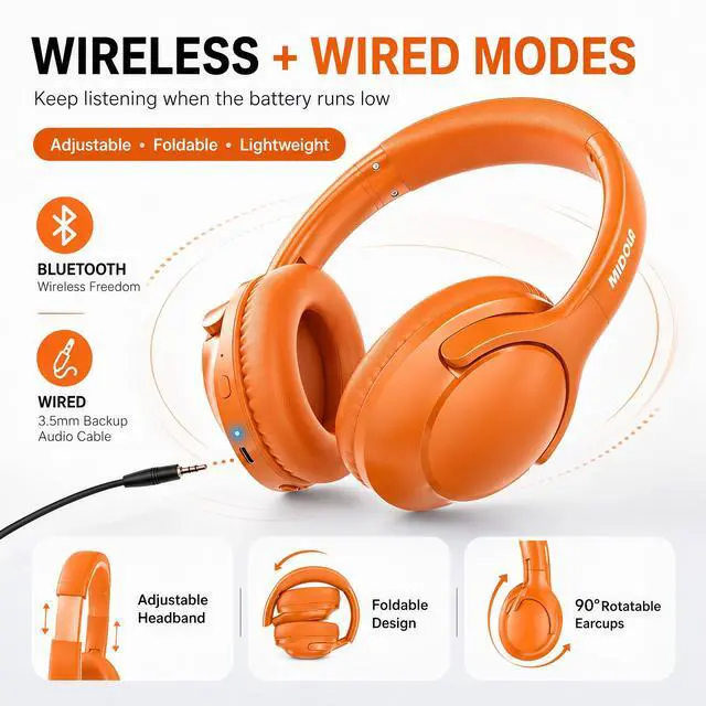 Alt view image 3 of 7 - Bluetooth Headphones Wireless 68H with Mic,Decent Sound-Acceptable | Adjustable Headband Foldable Over-Ear Lightweight for Office/Travel/Tablet/iPad/Laptop,HD Stereo Sound,Aux 3.5mm Orange