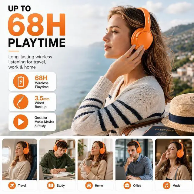 Alt view image 2 of 7 - Bluetooth Headphones Wireless 68H with Mic,Decent Sound-Acceptable | Adjustable Headband Foldable Over-Ear Lightweight for Office/Travel/Tablet/iPad/Laptop,HD Stereo Sound,Aux 3.5mm Orange