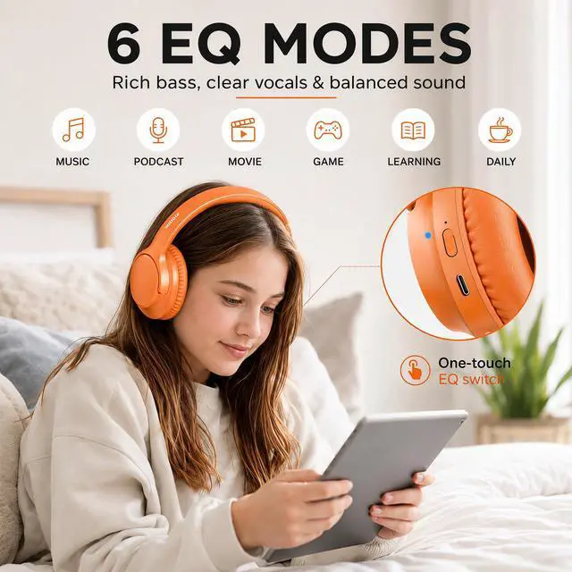 Alt view image 4 of 7 - Bluetooth Headphones Wireless 68H with Mic,Decent Sound-Acceptable | Adjustable Headband Foldable Over-Ear Lightweight for Office/Travel/Tablet/iPad/Laptop,HD Stereo Sound,Aux 3.5mm Orange