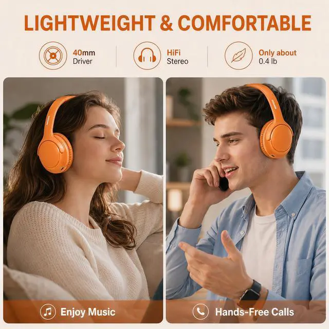 Alt view image 7 of 7 - Bluetooth Headphones Wireless 68H with Mic,Decent Sound-Acceptable | Adjustable Headband Foldable Over-Ear Lightweight for Office/Travel/Tablet/iPad/Laptop,HD Stereo Sound,Aux 3.5mm Orange