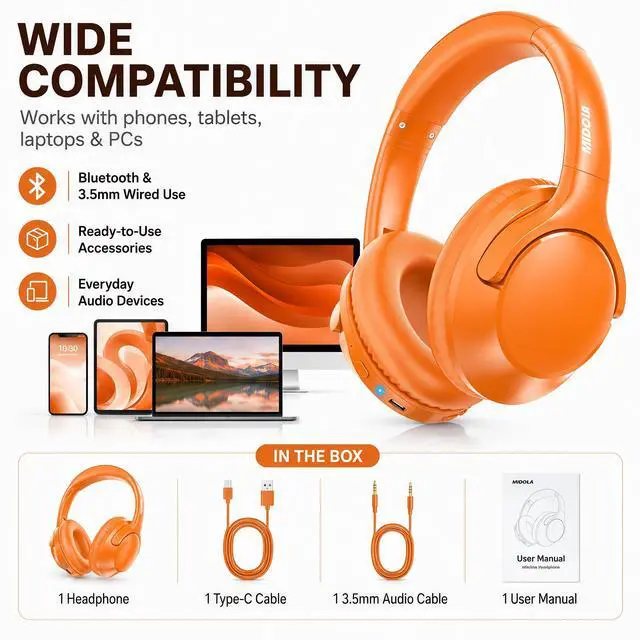 Alt view image 5 of 7 - Bluetooth Headphones Wireless 68H with Mic,Decent Sound-Acceptable | Adjustable Headband Foldable Over-Ear Lightweight for Office/Travel/Tablet/iPad/Laptop,HD Stereo Sound,Aux 3.5mm Orange