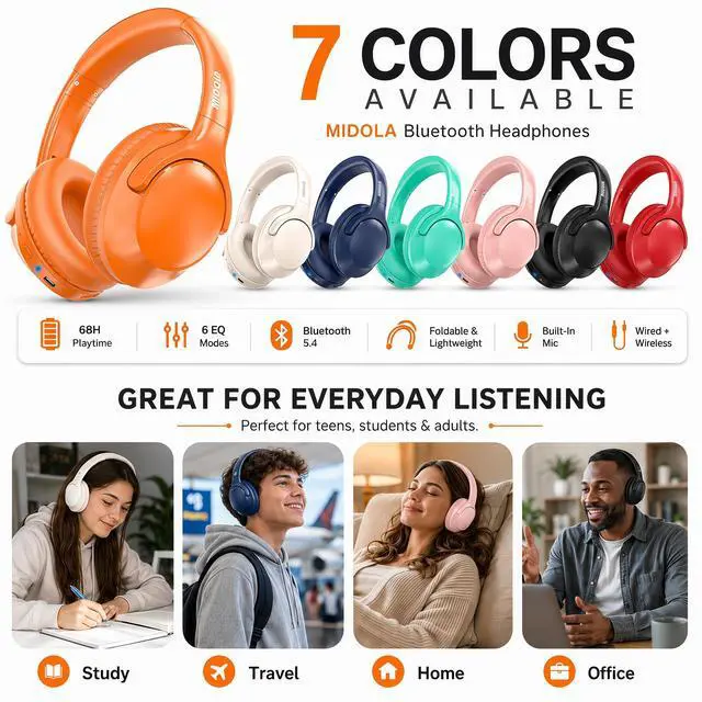 Alt view image 6 of 7 - Bluetooth Headphones Wireless 68H with Mic,Decent Sound-Acceptable | Adjustable Headband Foldable Over-Ear Lightweight for Office/Travel/Tablet/iPad/Laptop,HD Stereo Sound,Aux 3.5mm Orange