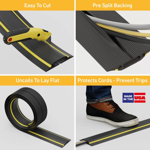 Alt view image 2 of 7 - 6ft Floor Cord Cover, Made in USA Linkable Cable Protector, Hide Extension Cords, Protect Cords, Prevent Cable Trips, Cord Hider, Heavy Duty - Cord Cavity = 1.18" (W) x 0.39" (H), Black/Yellow