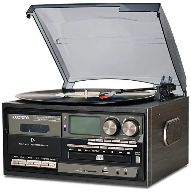 Main image of Vinyl Record Player 9 in 1 3 Speed Bluetooth Vintage Turntable CD Cassette Player AM/FM Radio USB Recorder Aux-in RCA Line-Out (Black Edition)